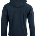 A black hooded jacket shown from the back against a white background.