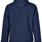 Back view of a dark blue hooded jacket with long sleeves and adjustable hem.