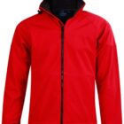 Bright red zip-up jacket with high collar, black interior lining, and adjustable cuffs.
