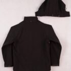 Black jacket with detached hood laid flat on a light surface, viewed from the back.