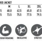 Jacket size chart with measurements and icons for features like water resistance and stretch.
