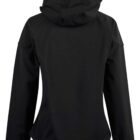 Back view of a black hooded jacket with long sleeves and a fitted waist.