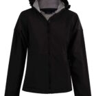 Black hooded jacket with a front zipper and light gray inner lining, displayed on a plain background.