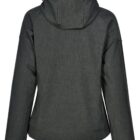 Dark gray hooded jacket shown from the back, with long sleeves and a slightly curved hem.
