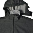 Dark gray jacket with a detachable hood, shown unzipped and laid flat.