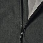 Close-up of a partially unzipped dark gray jacket with a visible light gray inner lining.
