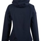 Back view of a dark navy hooded jacket with long sleeves and fitted waist.
