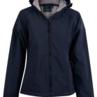 Navy blue hooded jacket with front zipper and side pockets, displayed on a white background.