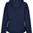Back view of a dark blue hooded jacket with long sleeves.