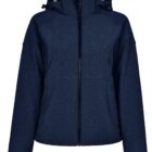 Navy blue hooded jacket with front zipper and side pockets, displayed on a plain background.