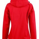 Back view of a red hooded jacket with long sleeves.