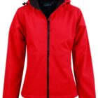 Red hooded jacket with a front zipper and black interior, displayed on a plain background.