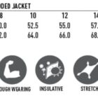 Size chart and features for a ladies hooded jacket, including fabric and insulation icons.