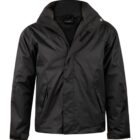 A plain black hooded rain jacket with zippered pockets, displayed on a white background.