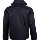 Back view of a black long-sleeve jacket with a high collar.