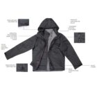 Black hooded jacket with labeled features, including adjustable tabs, pockets, and detachable vest.