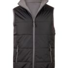 Black puffer vest with a front zipper and two zippered pockets, displayed on a white background.