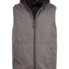 Gray zip-up sleeveless vest with two front pockets and a high collar, displayed on white.