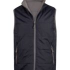 Black and gray sleeveless puffer vest with zipper and two front pockets, laid flat.