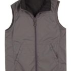 Gray sleeveless zip-up vest with side pockets, laid flat on a white background.
