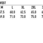 Size chart for mens nylon reversible vest with water repellent and windproof icons shown.