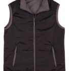 A sleeveless black puffer vest with a front zipper and two zippered pockets.
