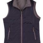 Sleeveless dark gray zip-up vest with two zippered pockets, laid flat on a white background.
