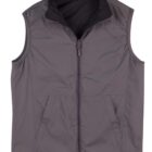 Gray sleeveless zip-up vest with front pockets, laid flat on a white background.