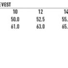 Size chart for ladies nylon vest with half chest and body length measurements in cm.