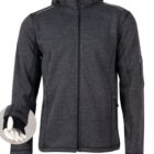 Dark gray zip-up jacket with hood, displayed on a mannequin, featuring zippered pockets.