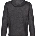 Back view of a dark gray hooded jacket with long sleeves.