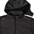 Dark gray hooded jacket with zipper and snap-on hood, displayed on a white background.