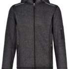 Dark gray zip-up hooded jacket with pockets and white piping on the shoulders.