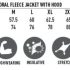 Jacket size chart with measurements for S-5XL, fabric icons, and feature descriptions.