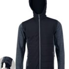 Black and gray hooded jacket with front zipper and thumb hole in the sleeve cuff.