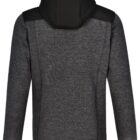 Gray jacket with a hood and black shoulder detailing, shown from the back.