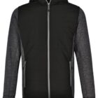 Black and gray hooded jacket with front zipper and zippered side pockets, displayed on white.