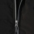 Close-up of a partially unzipped black jacket with visible zipper and stitching.
