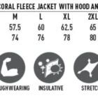 Size chart and features for mens fleece jacket with icons for fabric, resistance, and stretch.