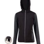 Black and gray hooded jacket with zip pockets and thumbholes on the sleeves.