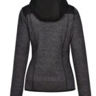 Back view of a dark gray hooded jacket with black shoulder accents.