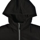 Black hooded jacket with a visible front zipper, photographed against a white background.