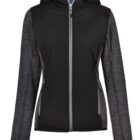 Black and gray zip-up hooded jacket with long sleeves and front pockets, shown on white background.