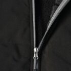 Close-up of a partially unzipped black jacket with a silver zipper and fleece lining.