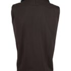 Back view of a sleeveless black vest with a high collar.