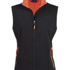 Black sleeveless vest with orange zippers and orange inner collar, shown on a white background.
