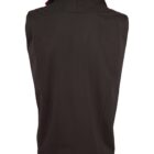 Back view of a black sleeveless vest with a high collar and subtle red trim.