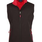 Black sleeveless zip-up vest with red interior lining and red zipper accents.