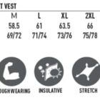 Sport vest size chart and features: chest, length, fabric icons, and weather protection diagram.