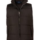 Dark brown quilted puffer vest with zipper and side pockets, displayed on a plain background.